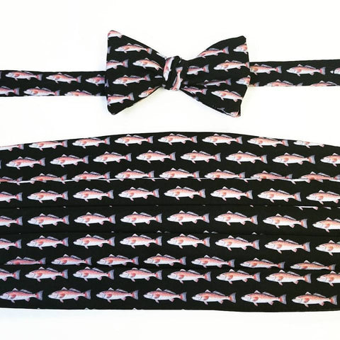 Black Bow Tie And Cummerbund Set With Spottail Bass Design