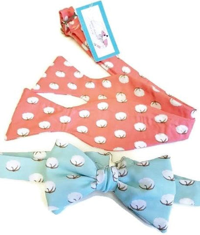 Cotton Boll Pink Blue Bow Tie