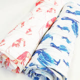 Organic Cotton Pink Shrimp and Blue Pelicans Barry Beaux Swaddle Blankets