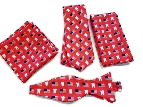 red usa flag and tooth bow tie, necktie, pocket square and scarf