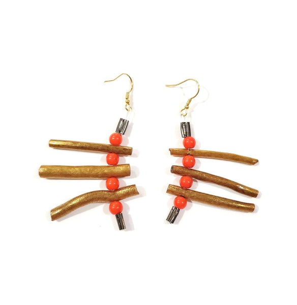 Gold Wooden and Red Beads Twin Shem Earrings