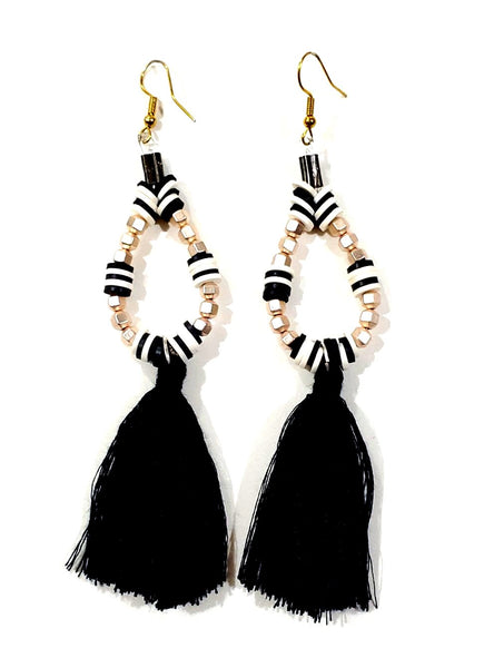 Black and Gold Beaded and Tassel Twin Shem Earrings