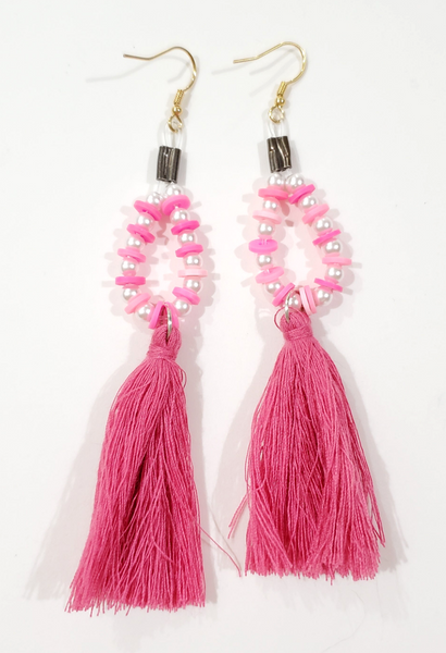 Hot Pink Beaded Tassel Twin Shem Earrings